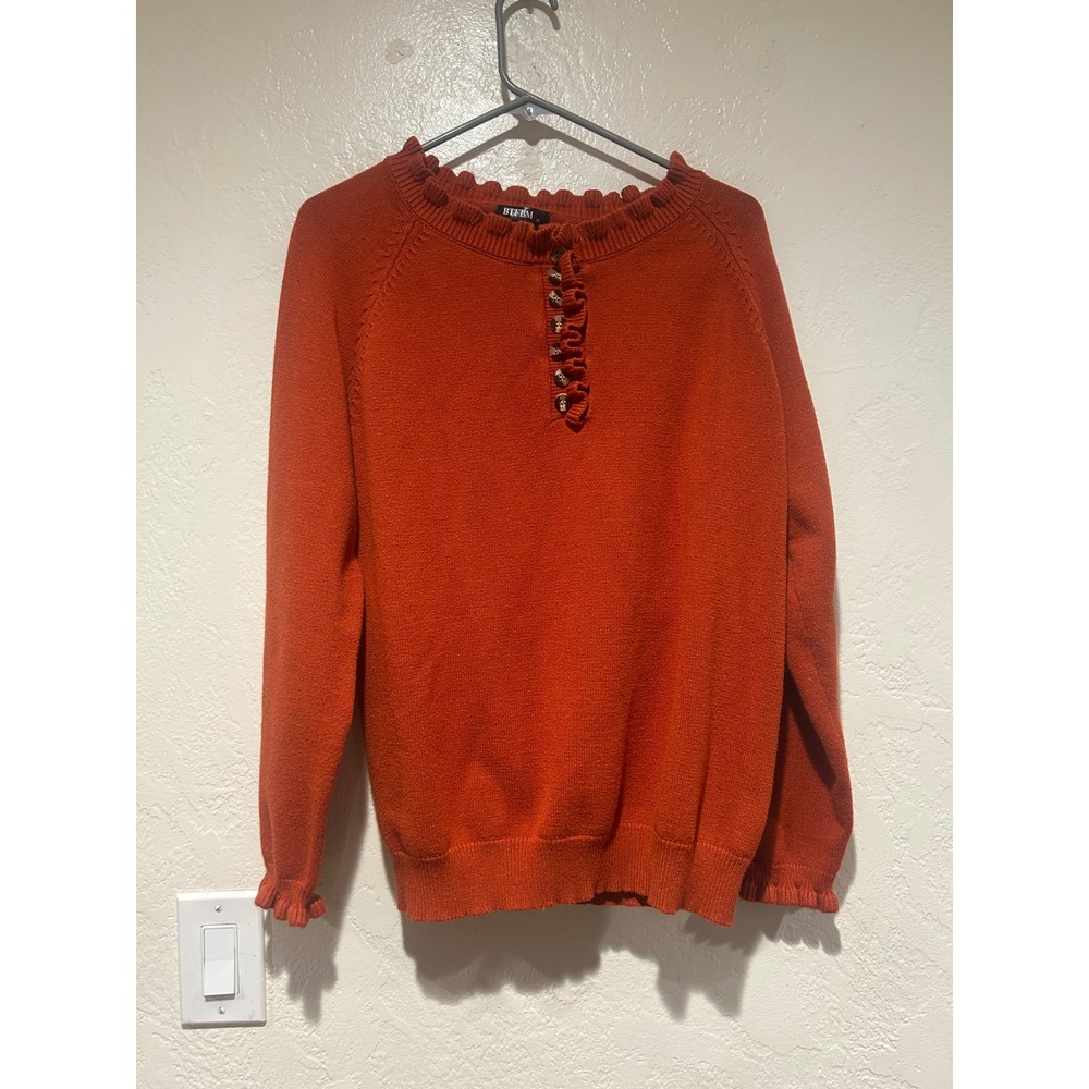 BTFBM Women Orange Ruffle Neck Button Up‎ Knit Sweater XL